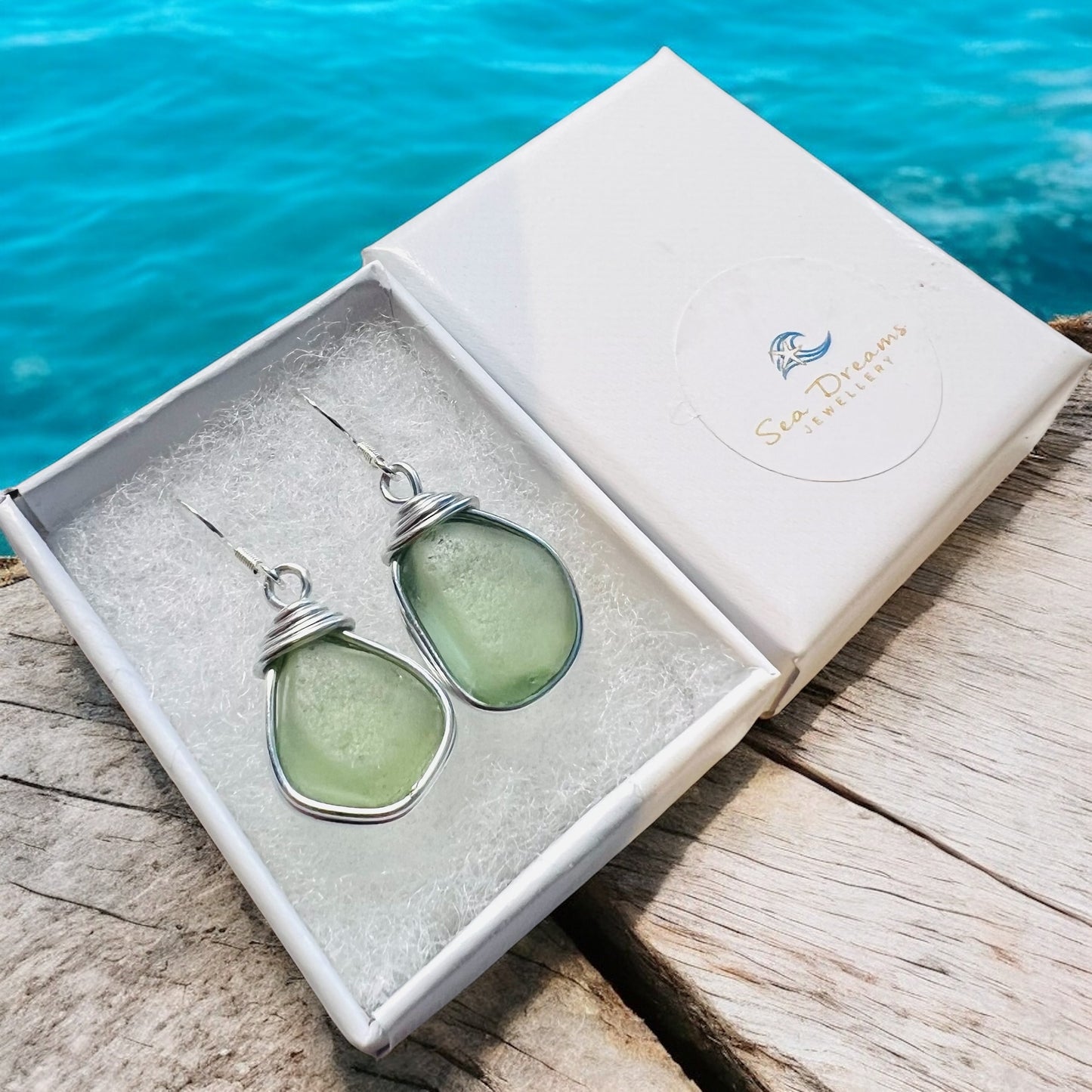 Pale Green Dangly Seaham Sea Glass Earrings