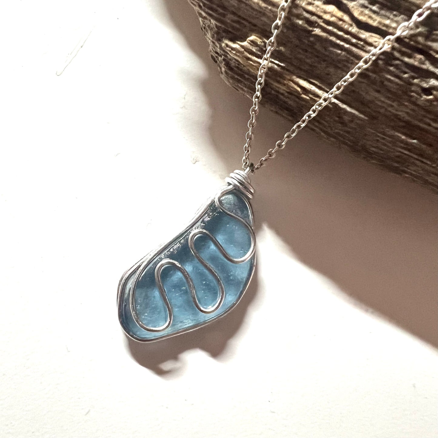 Large Dusky Blue Seaham Sea Glass Waves Glass Pendant