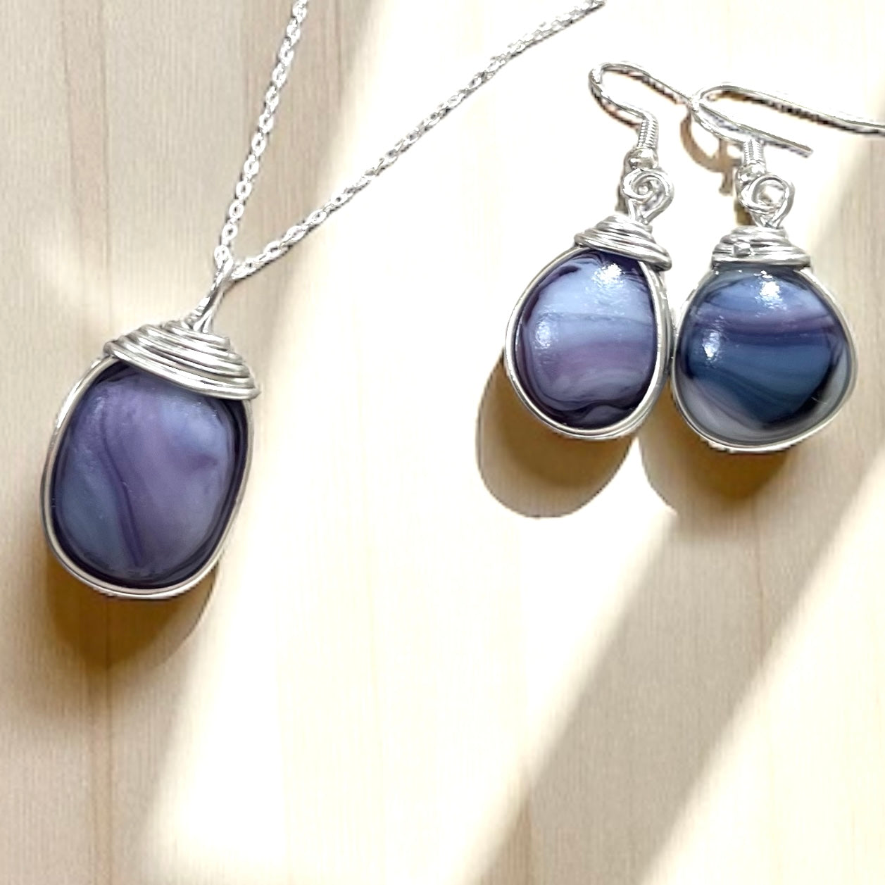 Lilac Purple Milky Sea Glass Multi Tone Jewellery Set