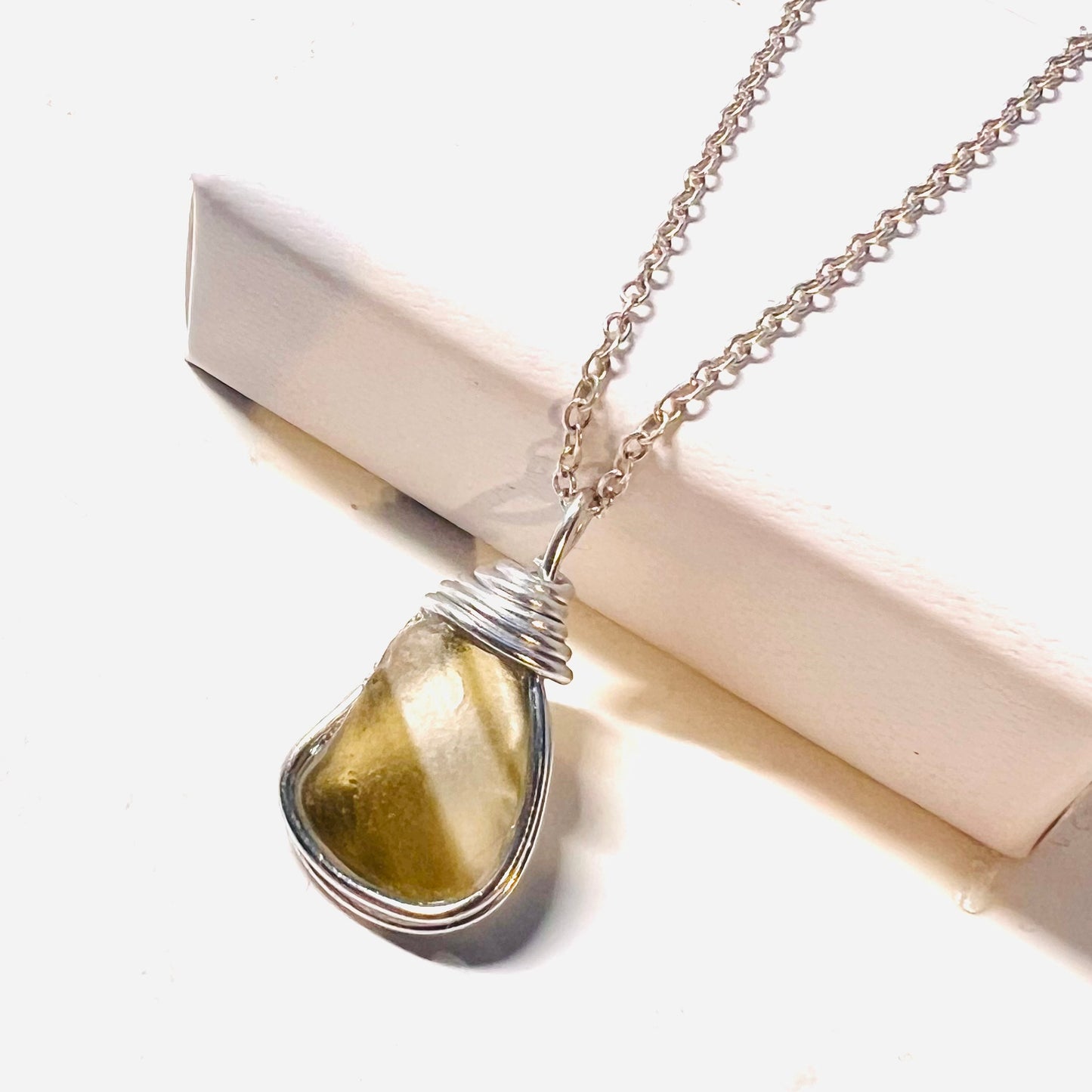 Rare Olive Stripes Green Seaham Sea Glass Chunky Pendant