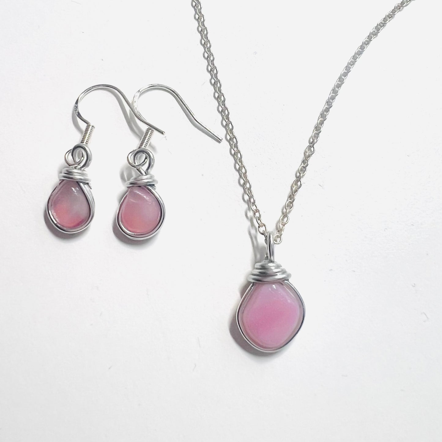 Pink Milky Sea Glass Jewellery Set