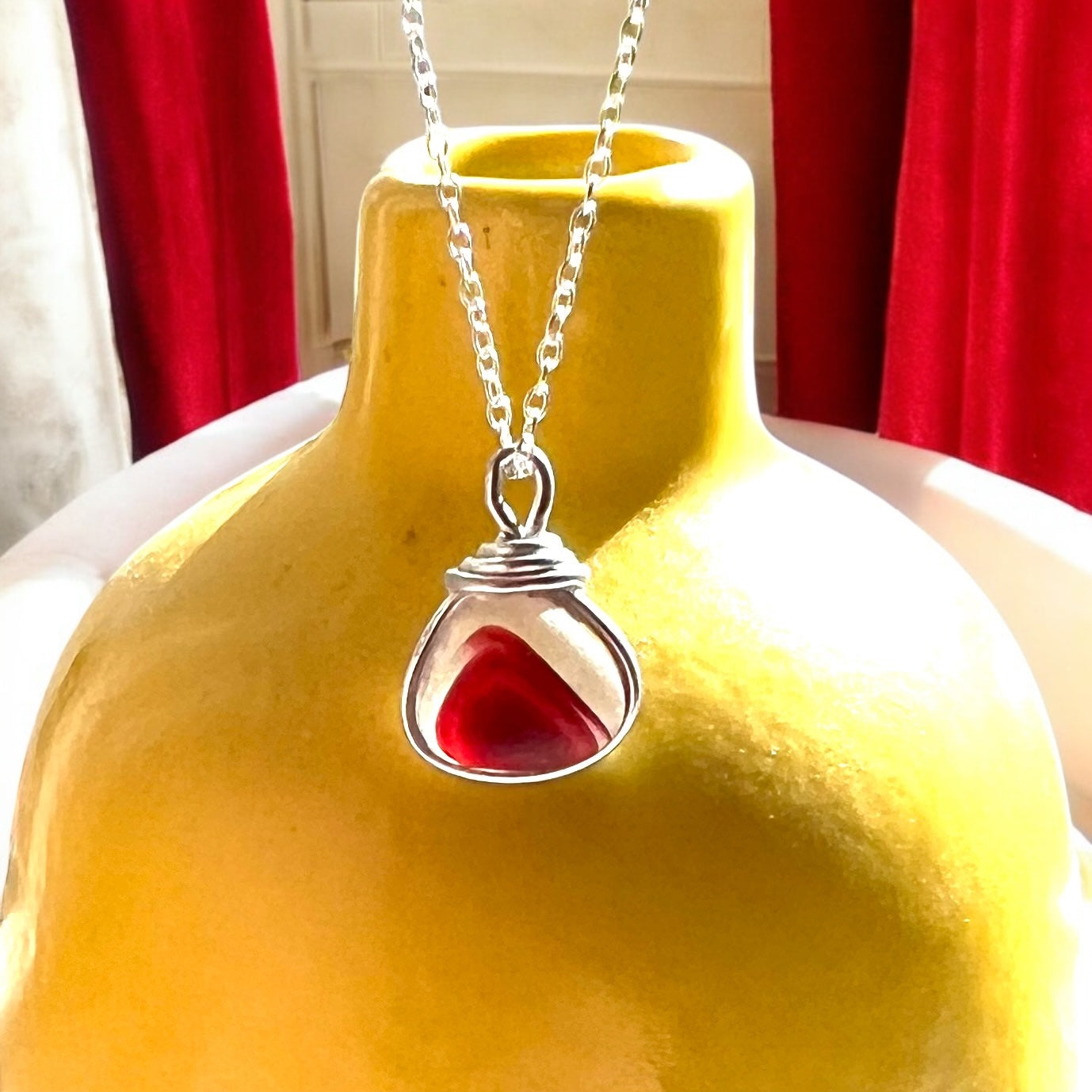 Rare Red Seaham Sea Glass Multi Tone Pendant .