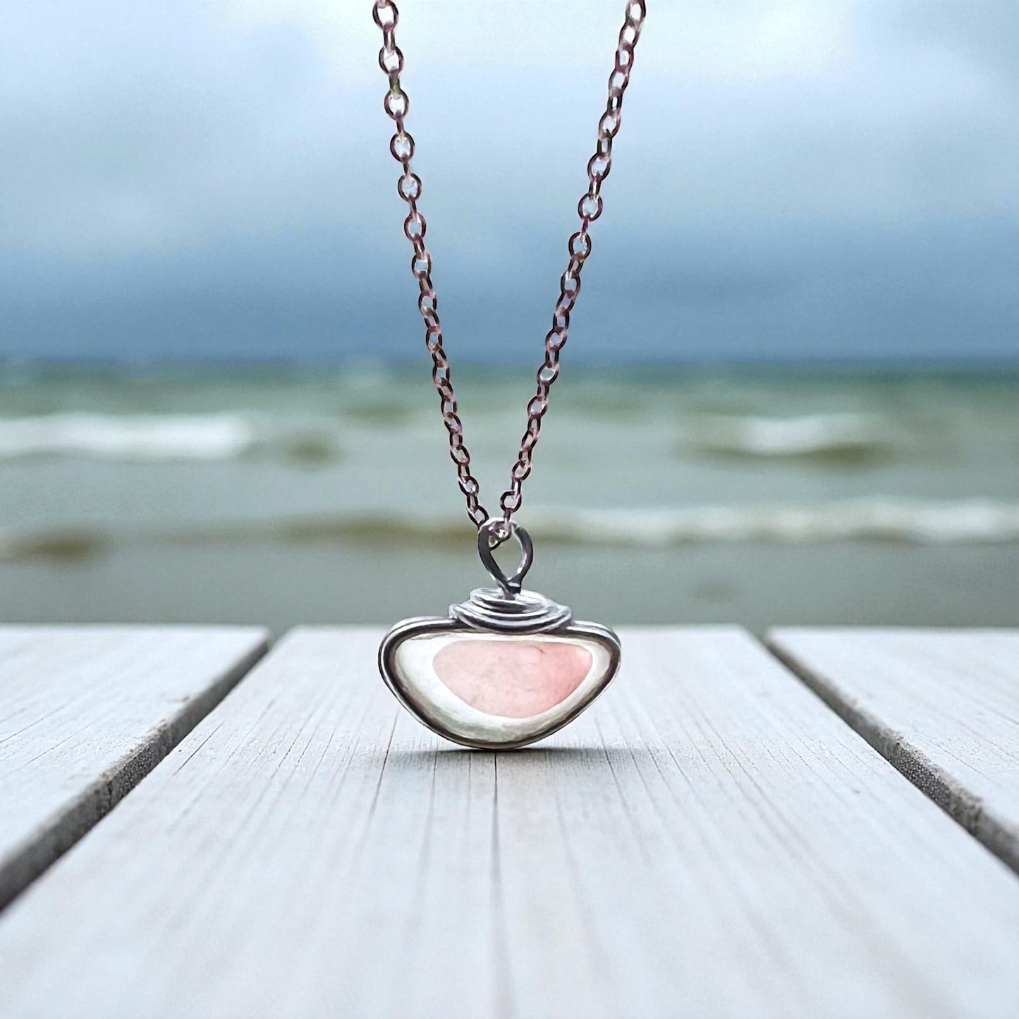 Rare White and Pink Seaham Sea Glass Multi Pendant .