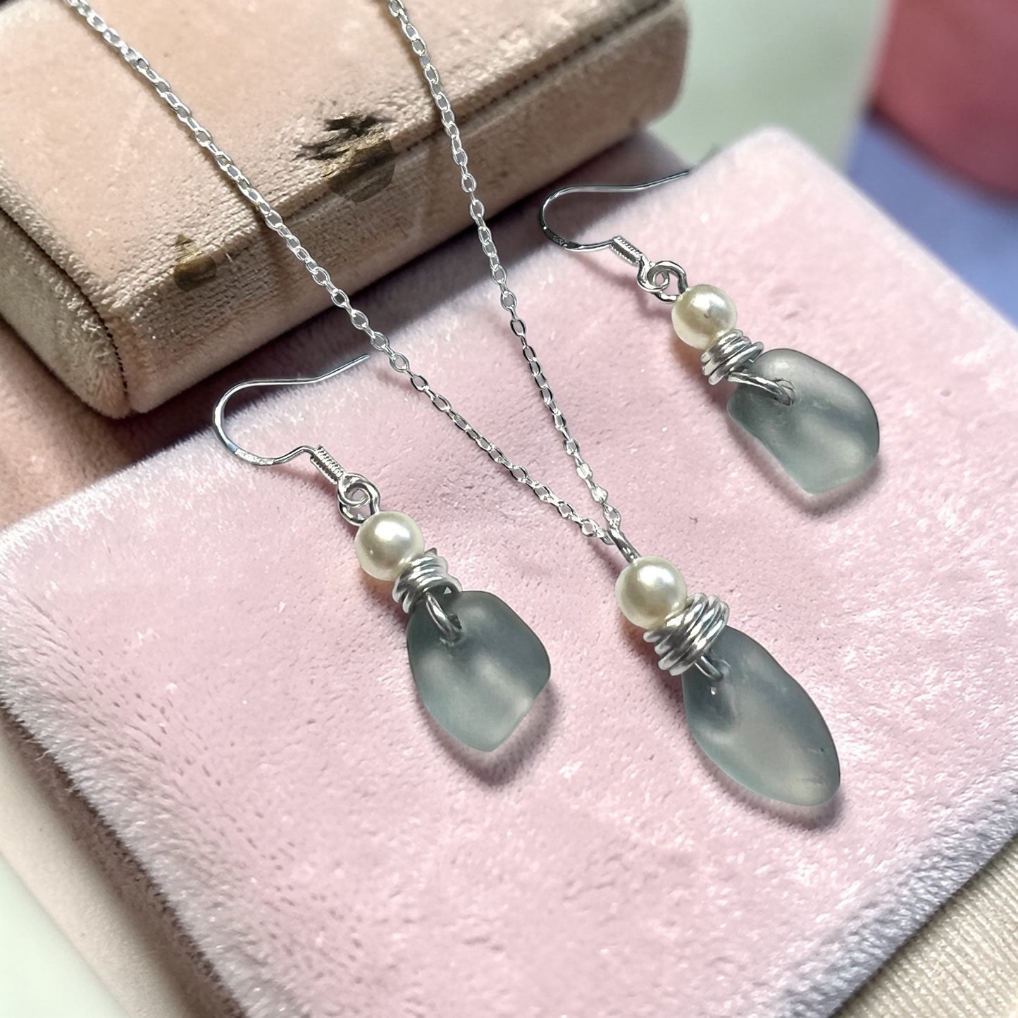 Dusky Grey Seaham Sea Glass Jewellery Set