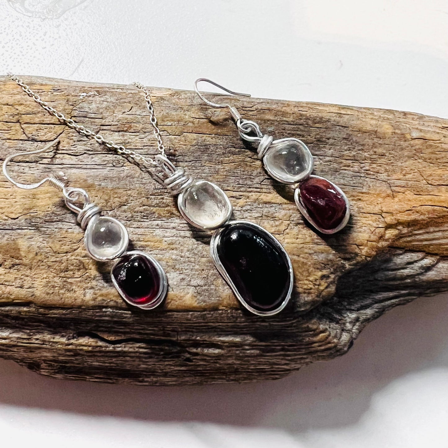 Burgundy Red and White Seaham Sea Glass Jewellery Set