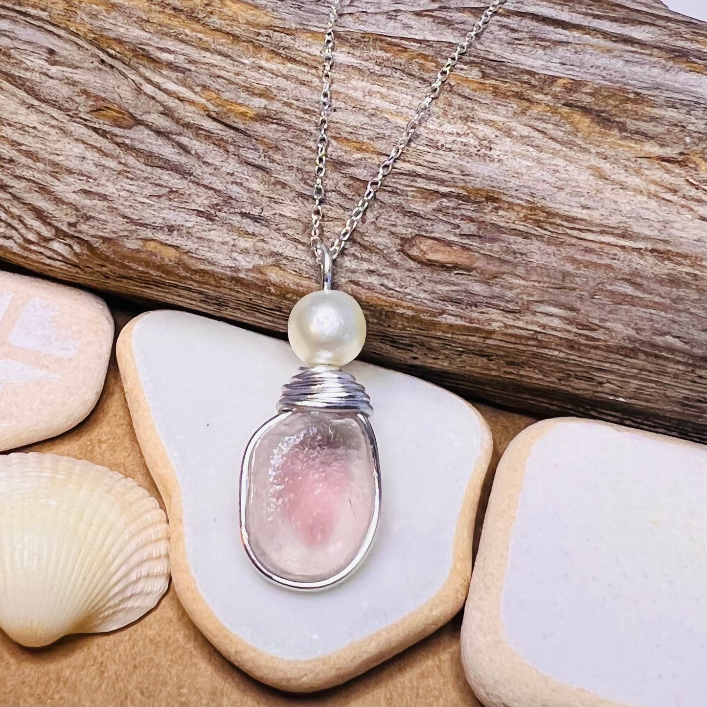 Pale Pale Pink & White Seaham Sea Glass Multi Pendant