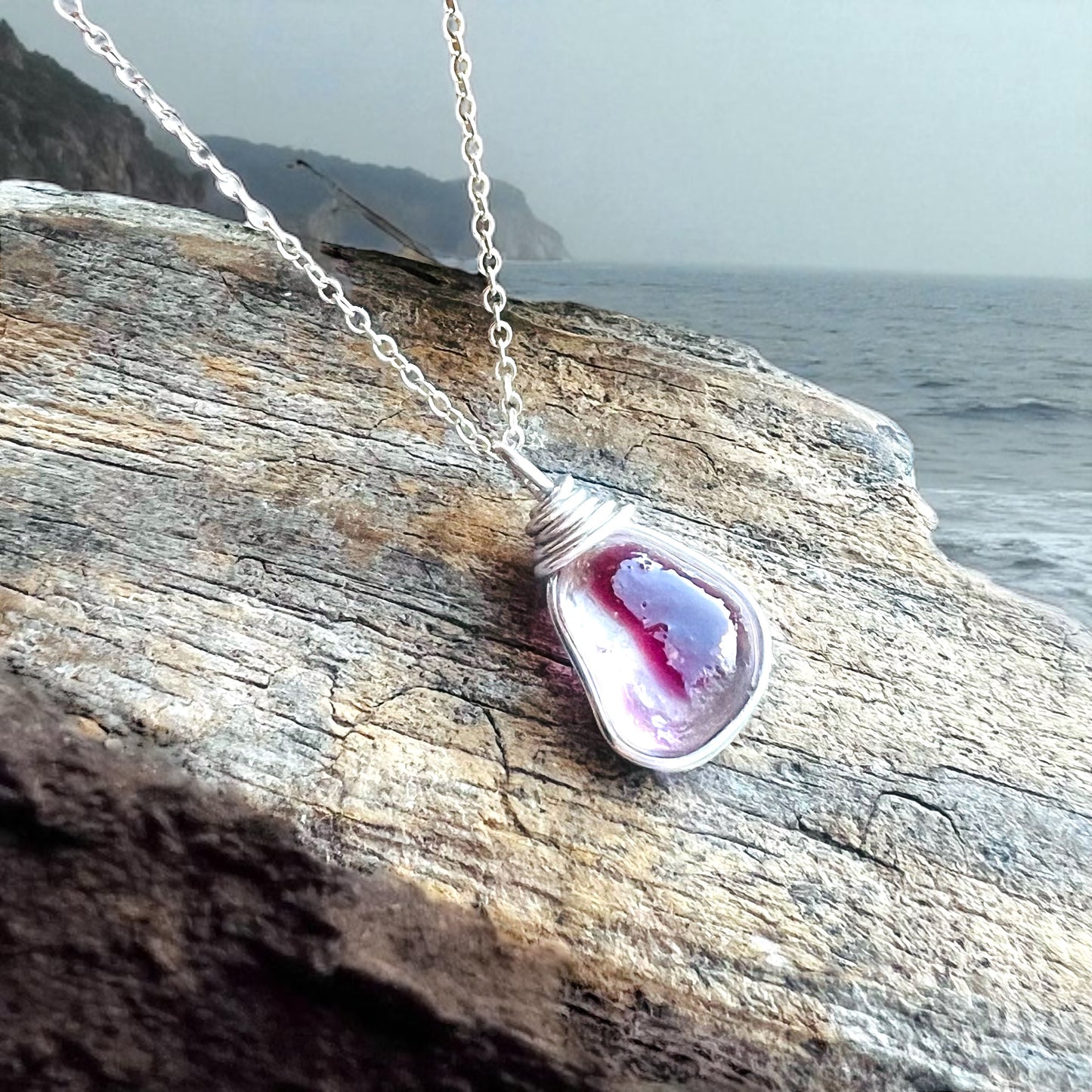 Rare Pink and White Seaham Sea Glass Multi Tone Pendant .
