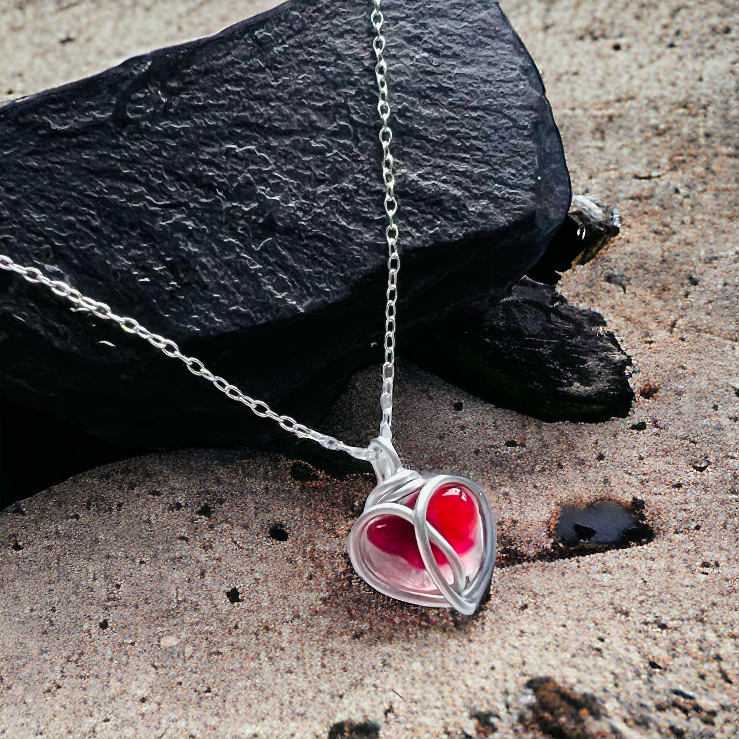 Pink and White Seaham Sea Glass Heart Pendant