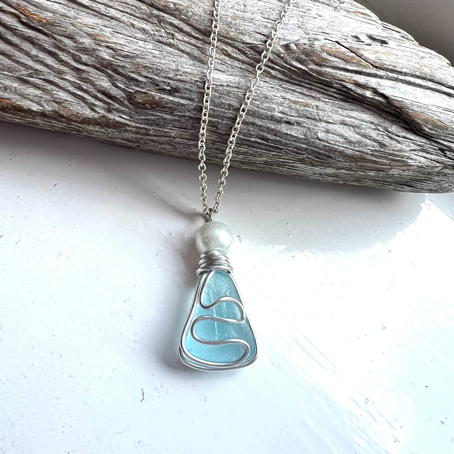 Pale Blue Seaham Sea Glass Waves Pendant