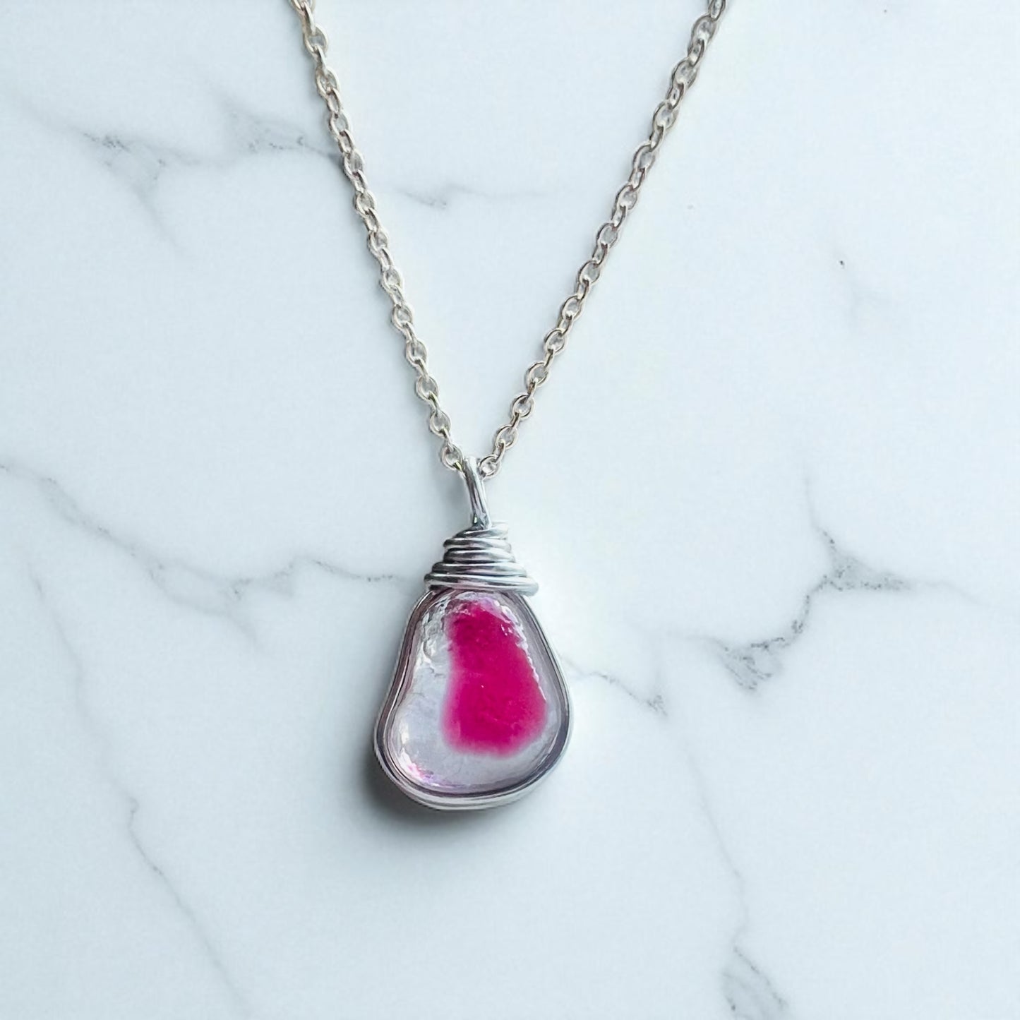 Rare Pink and White Seaham Sea Glass Multi Tone Pendant .