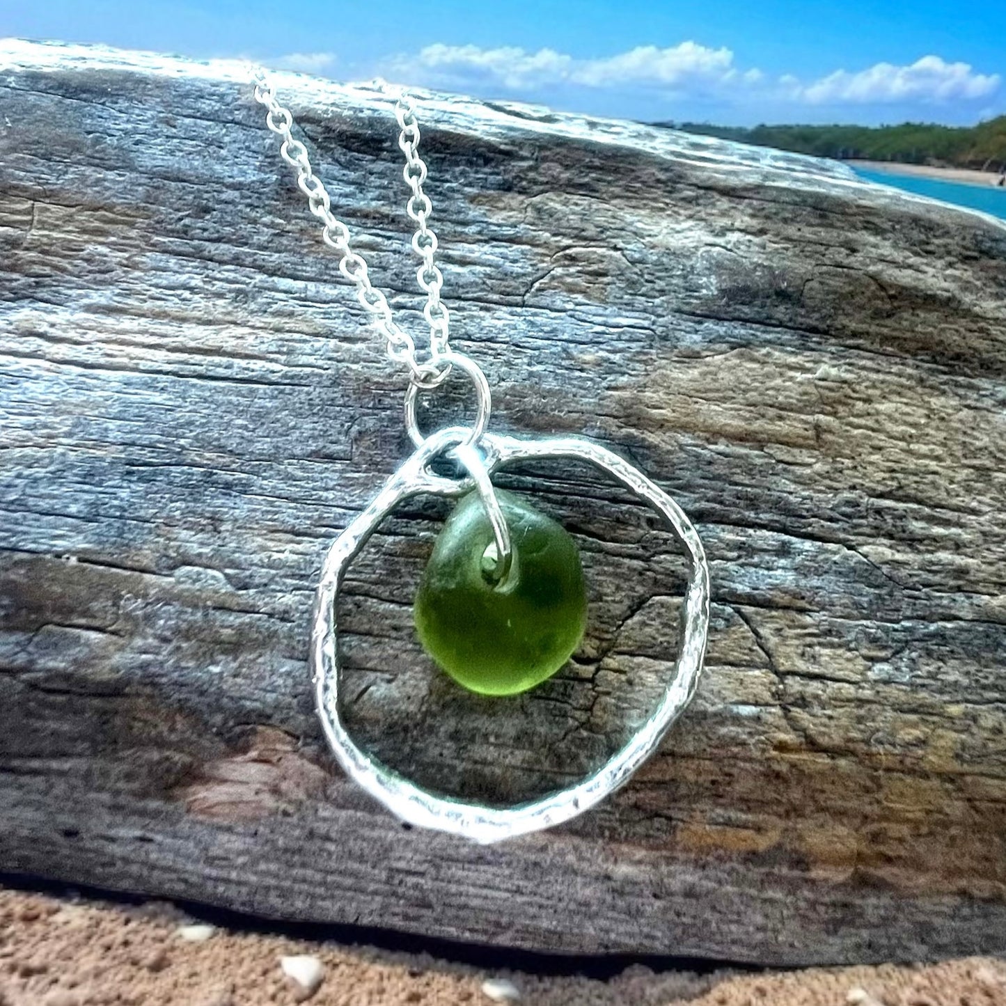Olive Green Seaham Sea Glass Seafoam Shade Frame Pendant