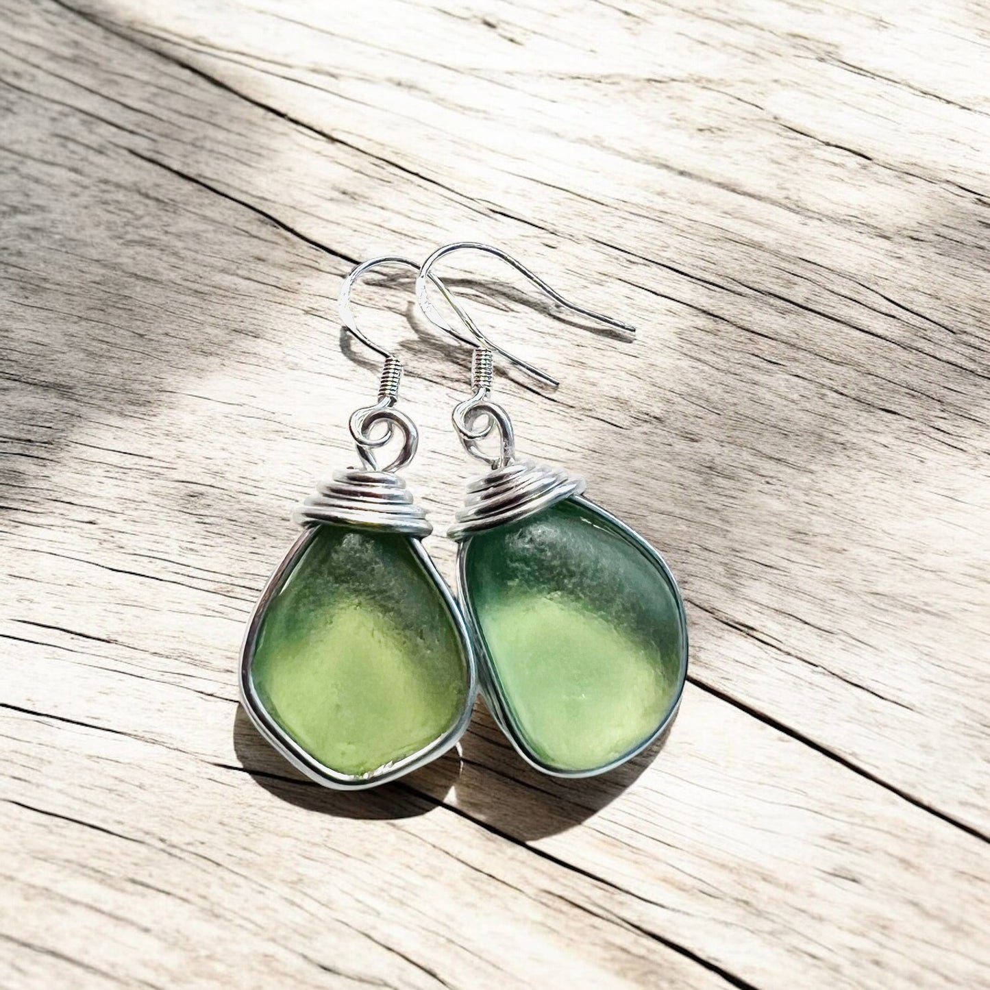 Pale Green Dangly Seaham Sea Glass Earrings