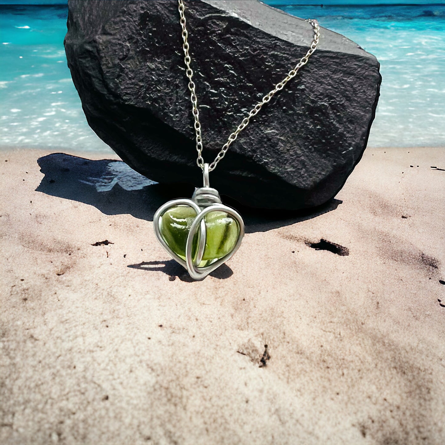 Cornish Sea Glass Green Heart Pendant