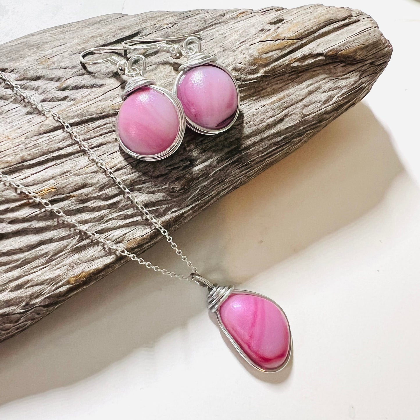 Pale Pink Milky Sea Glass Multi Tone Jewellery Set