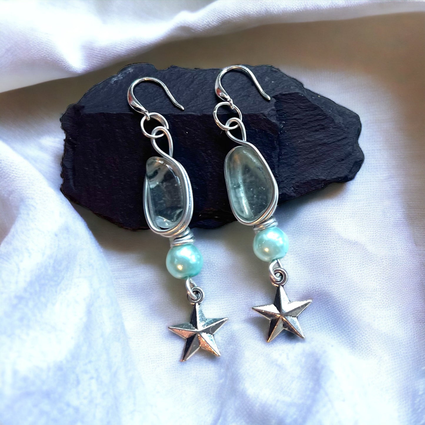 Sea Glass & Star Long Drop Earrings