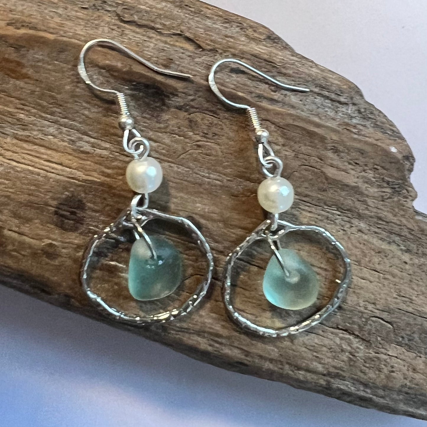 Aqua Sea Glass Frame & Pearl Earrings