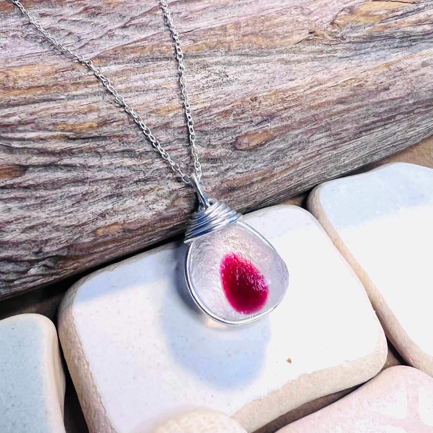 Large Pink & White Seaham Sea Glass Multi Pendant
