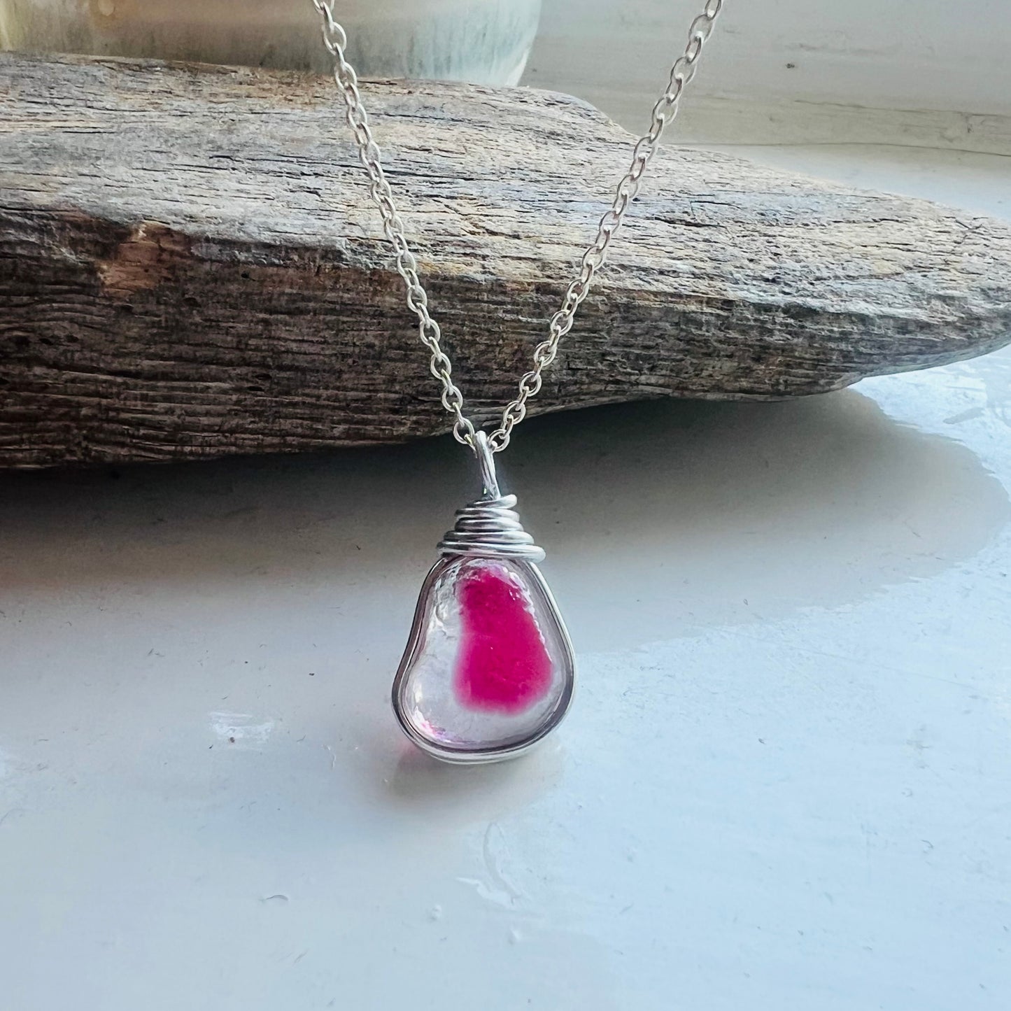 Rare Pink and White Seaham Sea Glass Multi Tone Pendant .