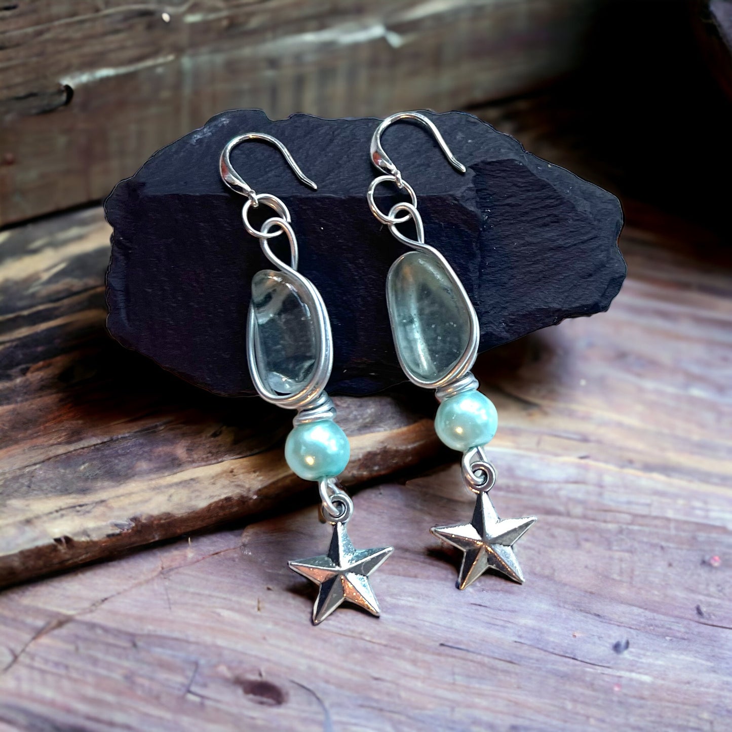 Sea Glass & Star Long Drop Earrings