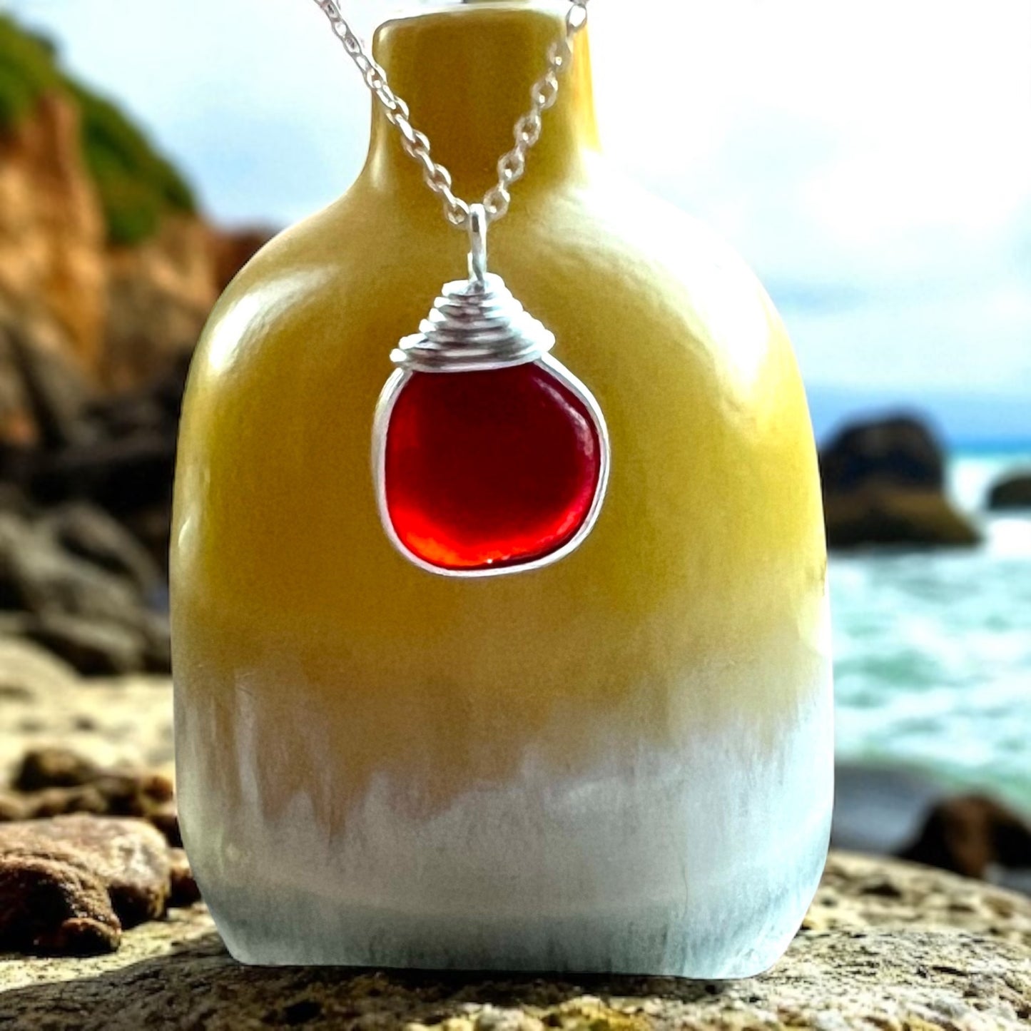Large Very Rare Red and Orange Seaham Sea Glass Pendant
