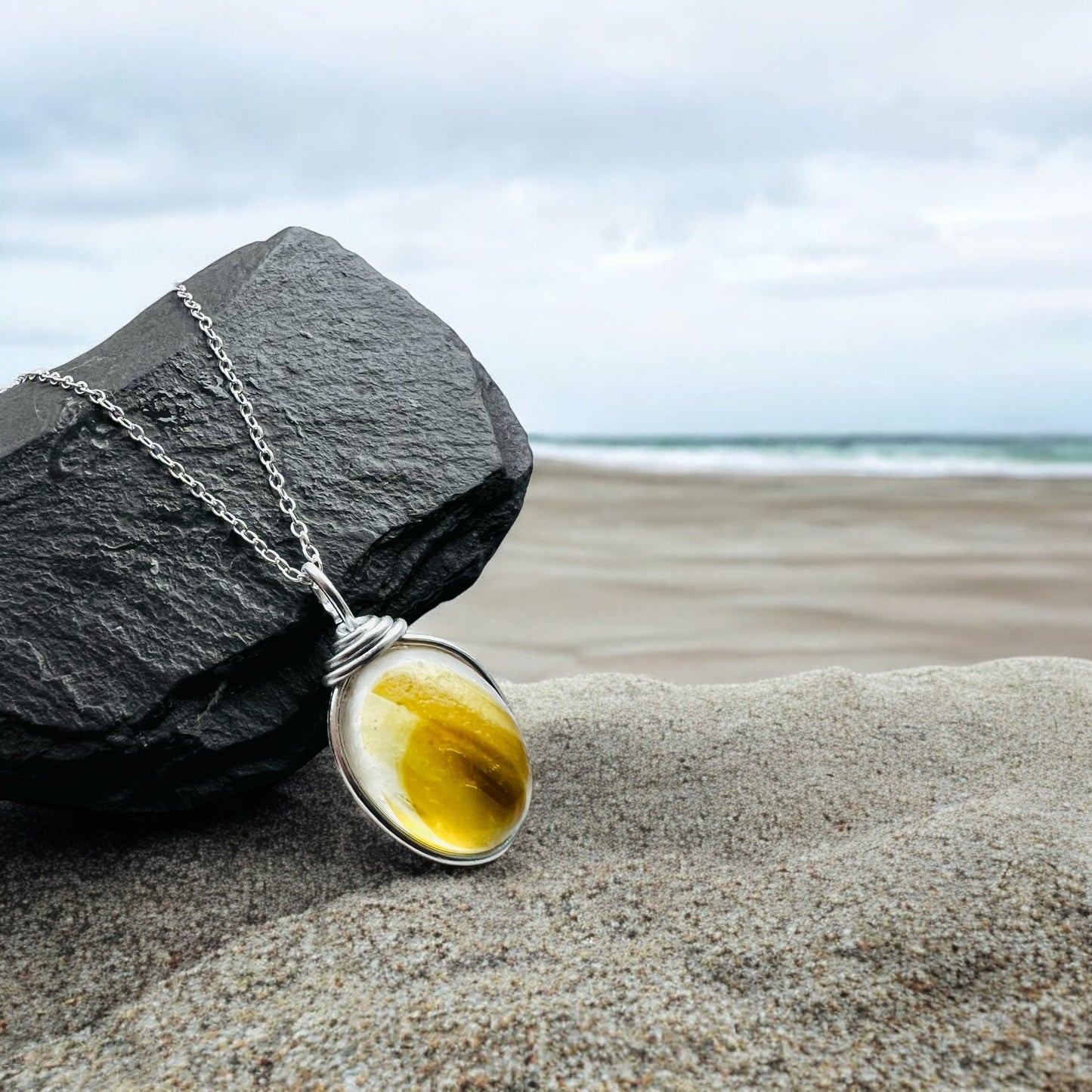 Rare Large Yellow Multi Tone Seaham Sea Glass Pendant