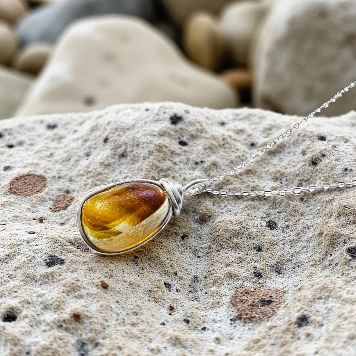 Yellow and Brown Seaham Sea Glass Pendant on a 20” Sterling Silver Chain .