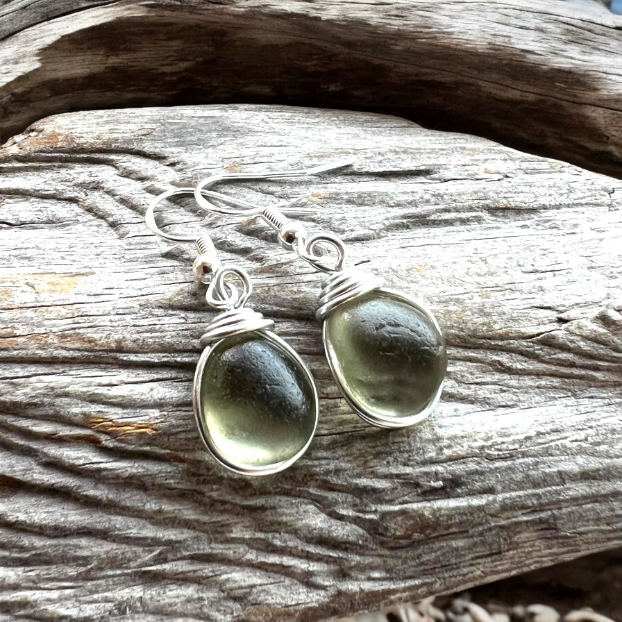 Dangly Pale Dusky Green Seaham Sea Glass Earrings