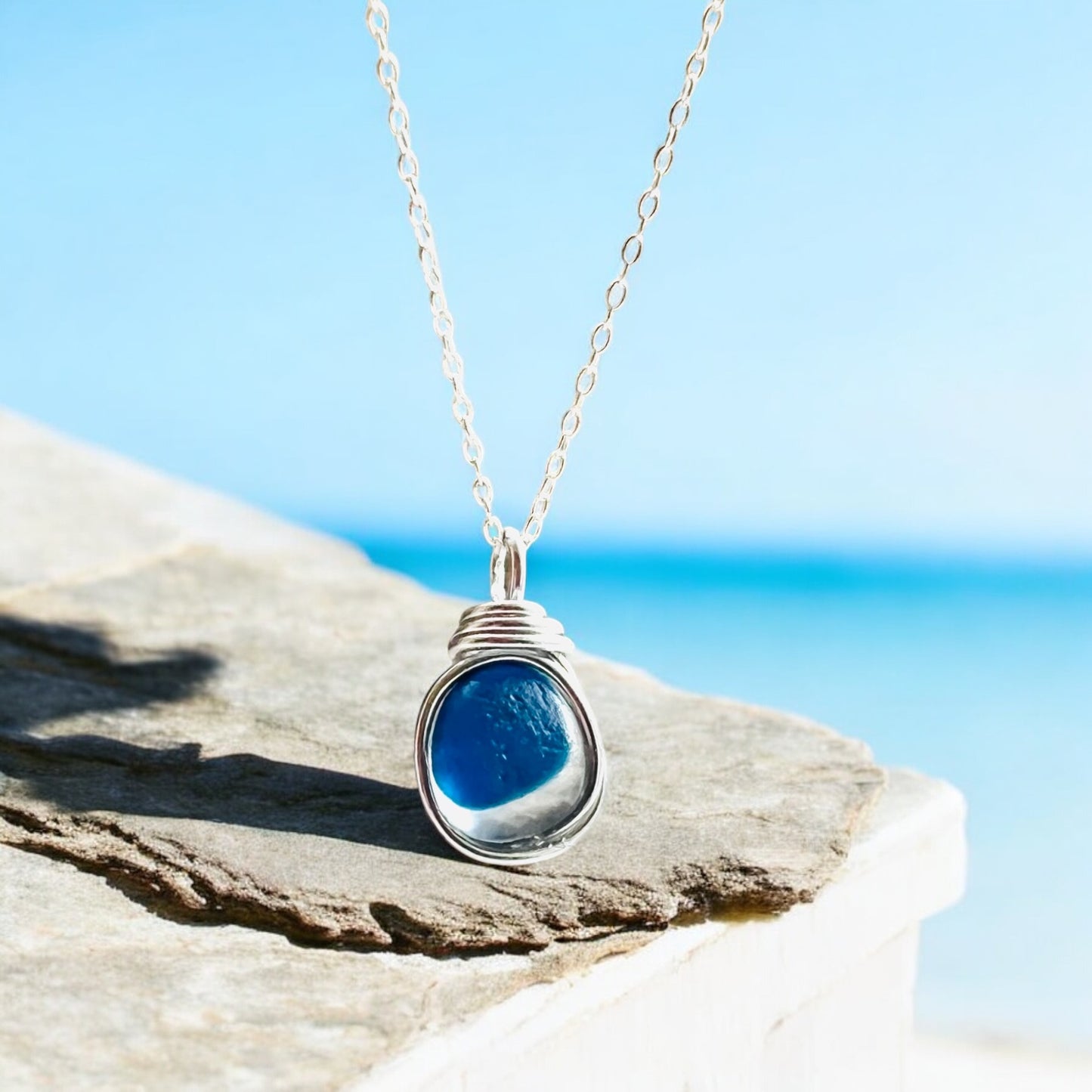 Blue Seaham Sea Glass Multi Tone Pendant