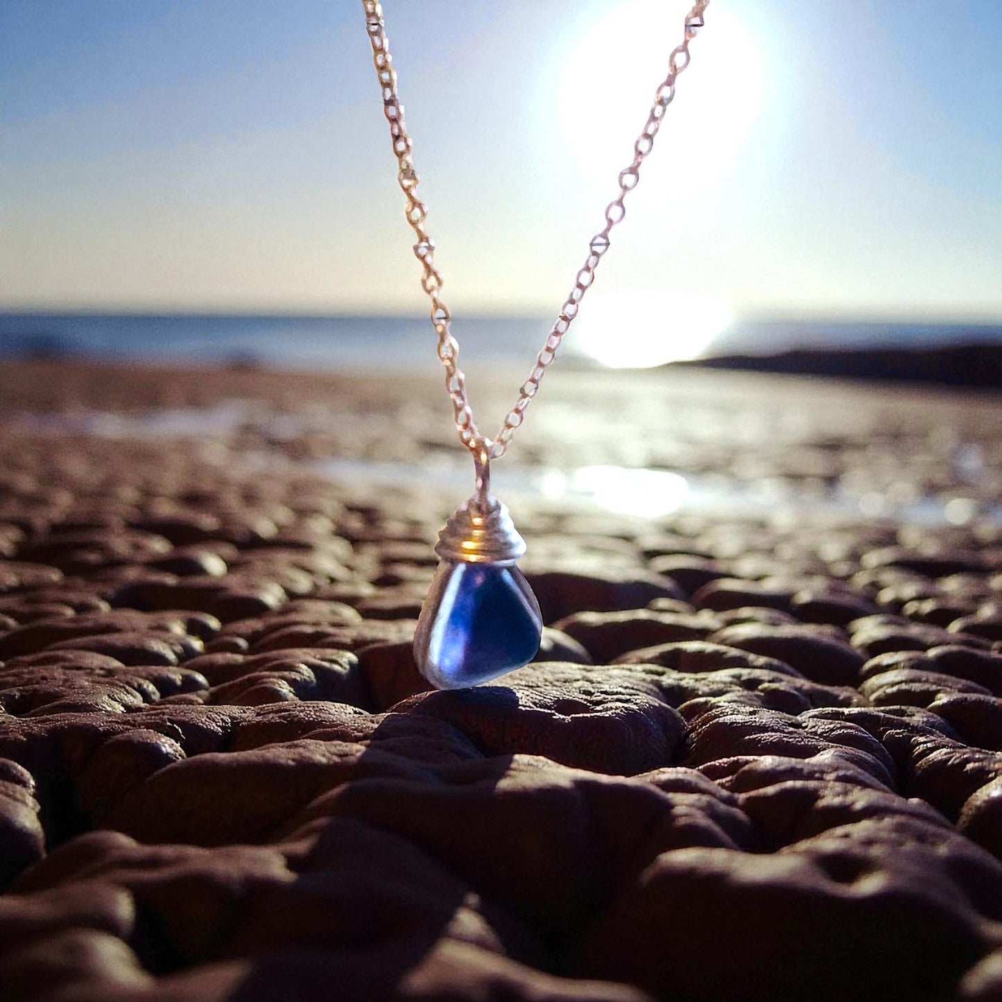 Rare Indigo Purple Small Seaham Sea Glass Multi Pendant .