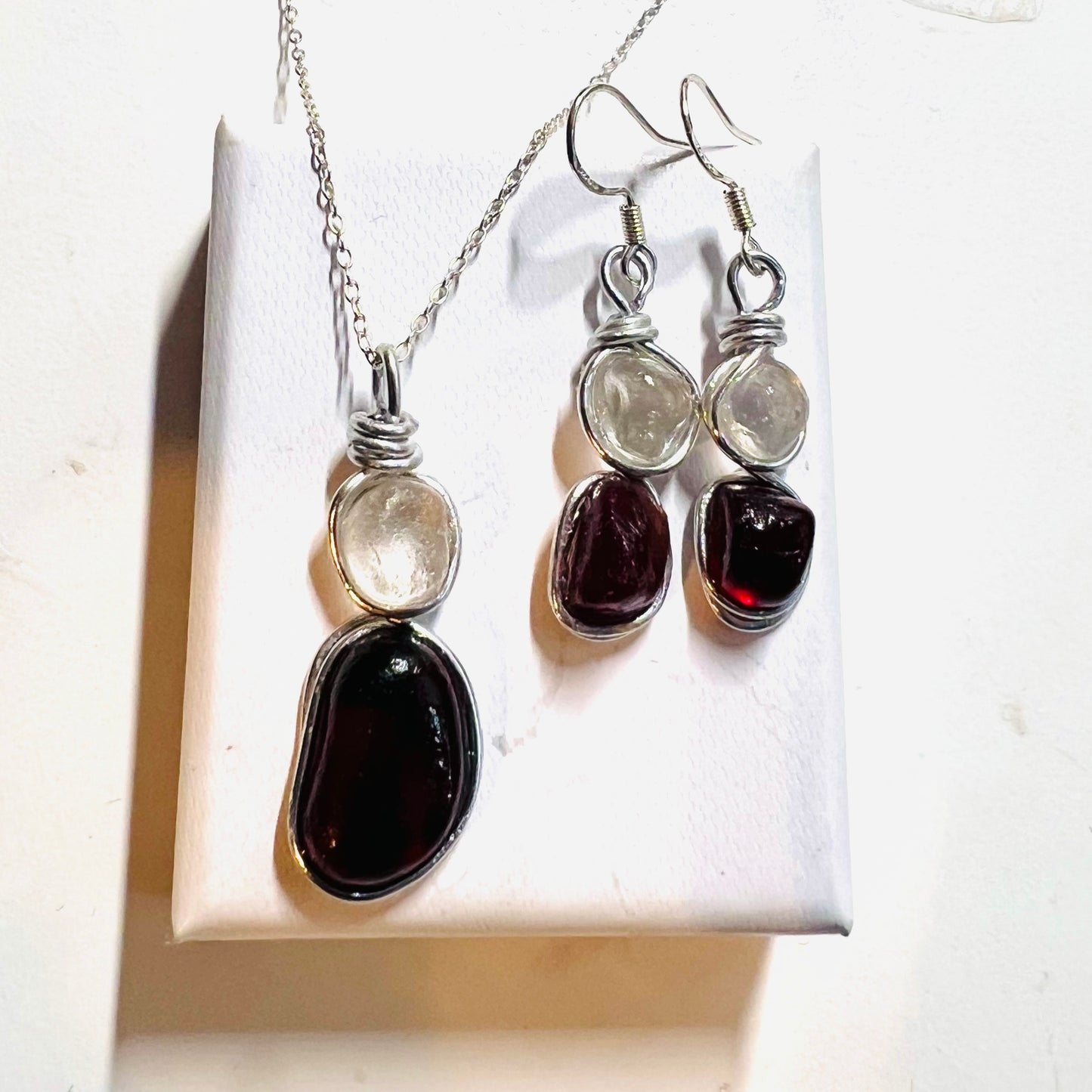 Burgundy Red and White Seaham Sea Glass Jewellery Set