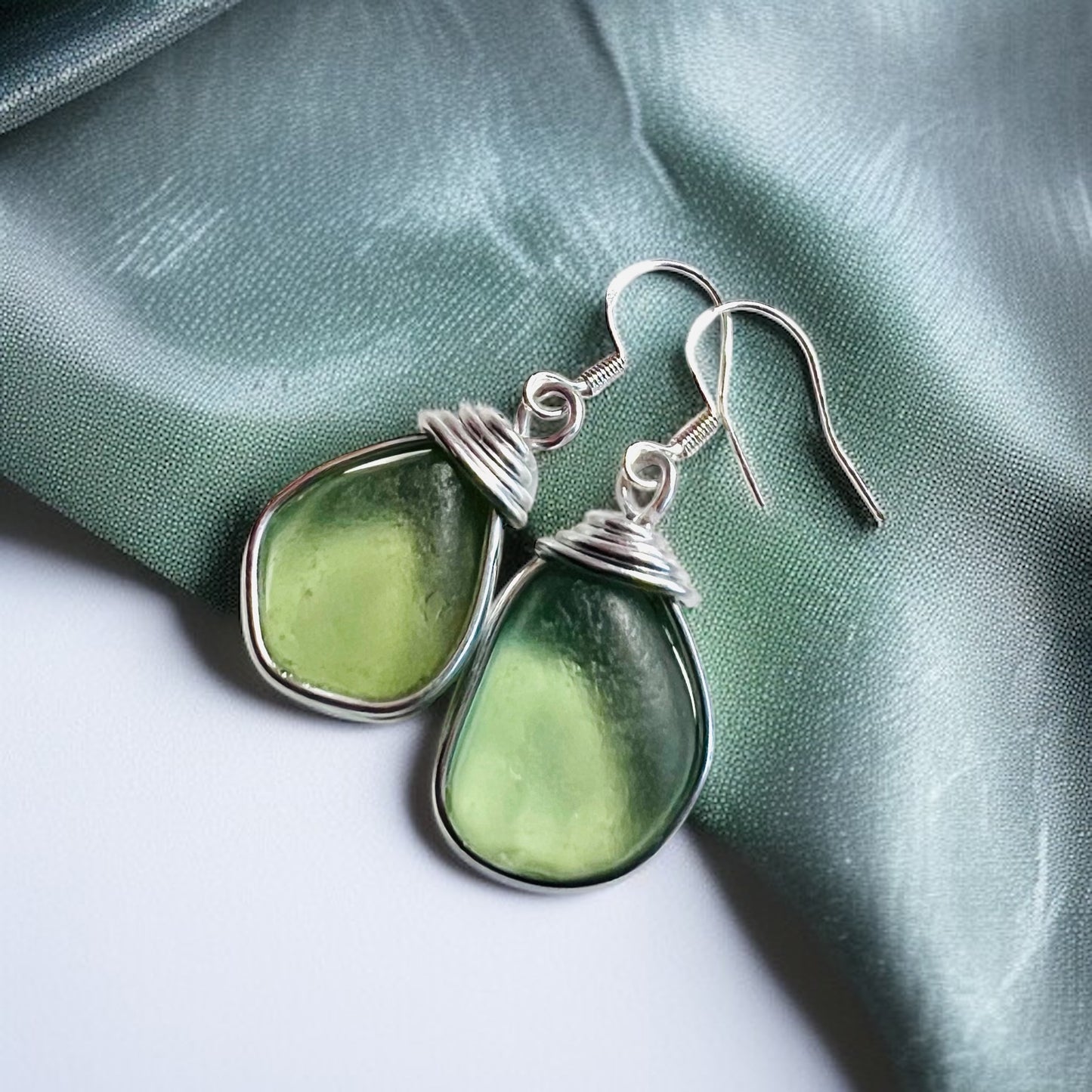Pale Green Dangly Seaham Sea Glass Earrings