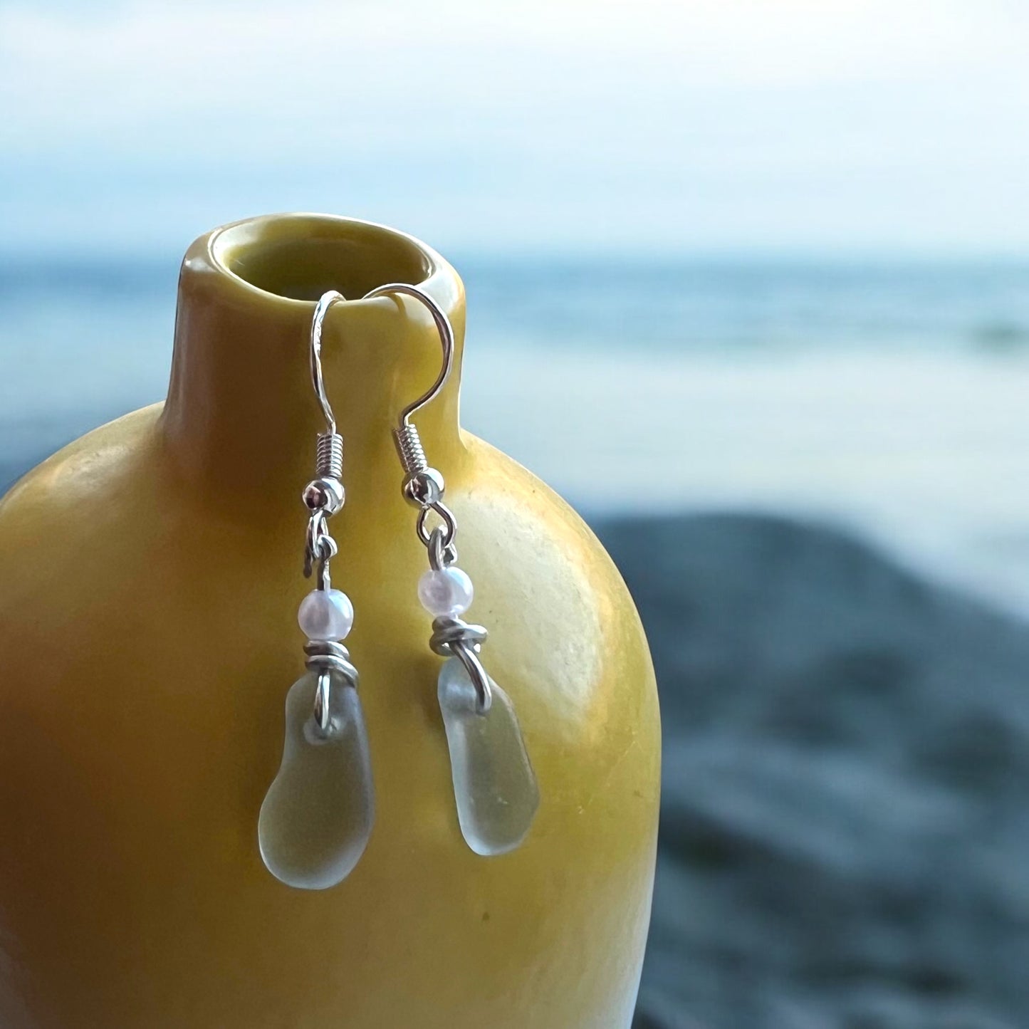 Dangly Dusky Grey Seaham Sea Glass Earrings