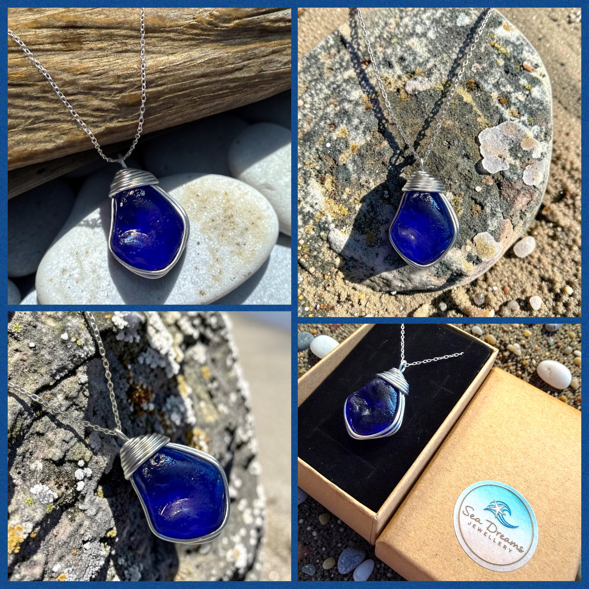 Very Large Deep Blue Nugget of Seaham Sea Glass Pendant