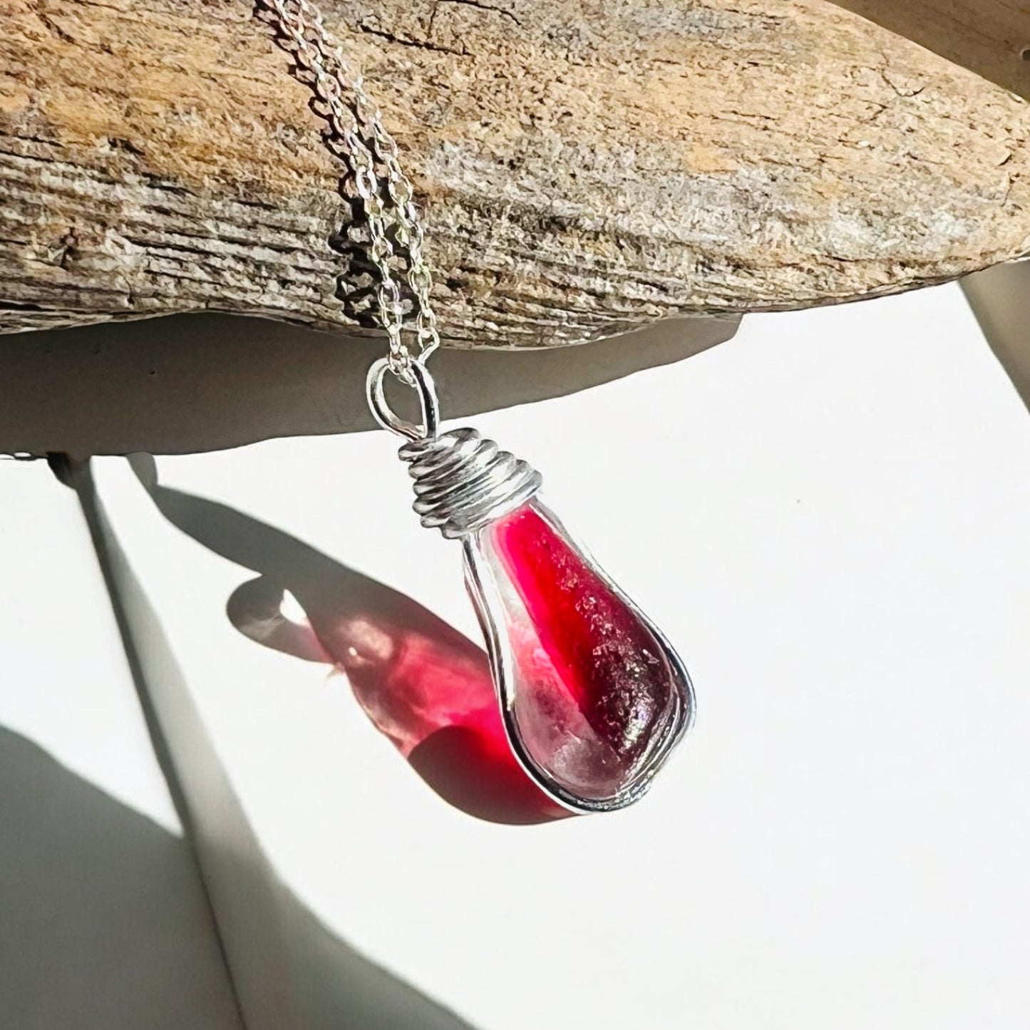 Rare Large Deep Pink/Red Seaham Sea Glass Multi Tone Pendant .
