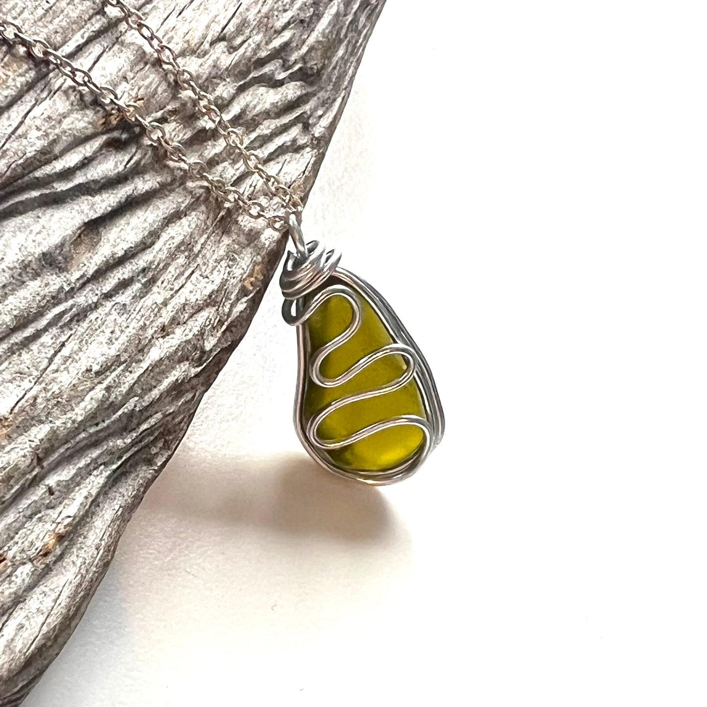 Olive Green Waves Seaham Sea Glass Pendant