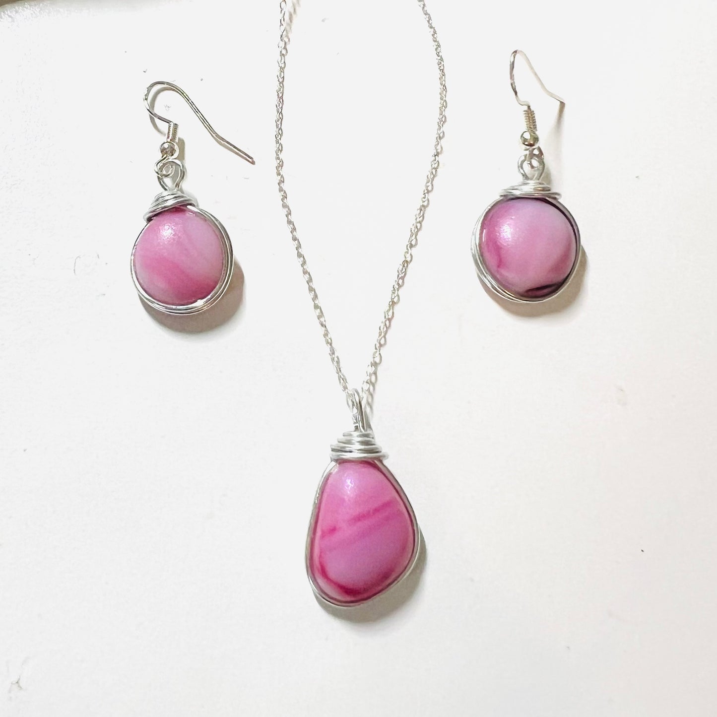 Pale Pink Milky Sea Glass Multi Tone Jewellery Set