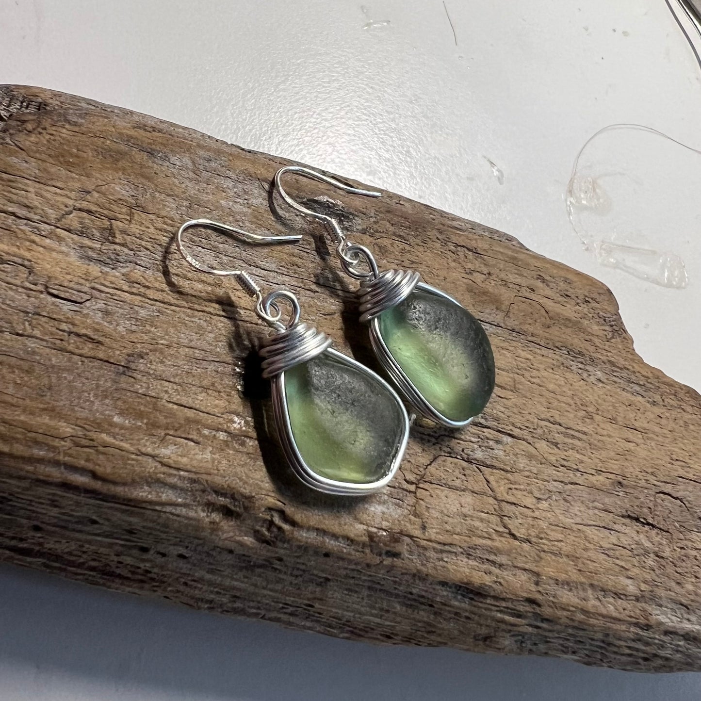 Pale Green Dangly Seaham Sea Glass Earrings