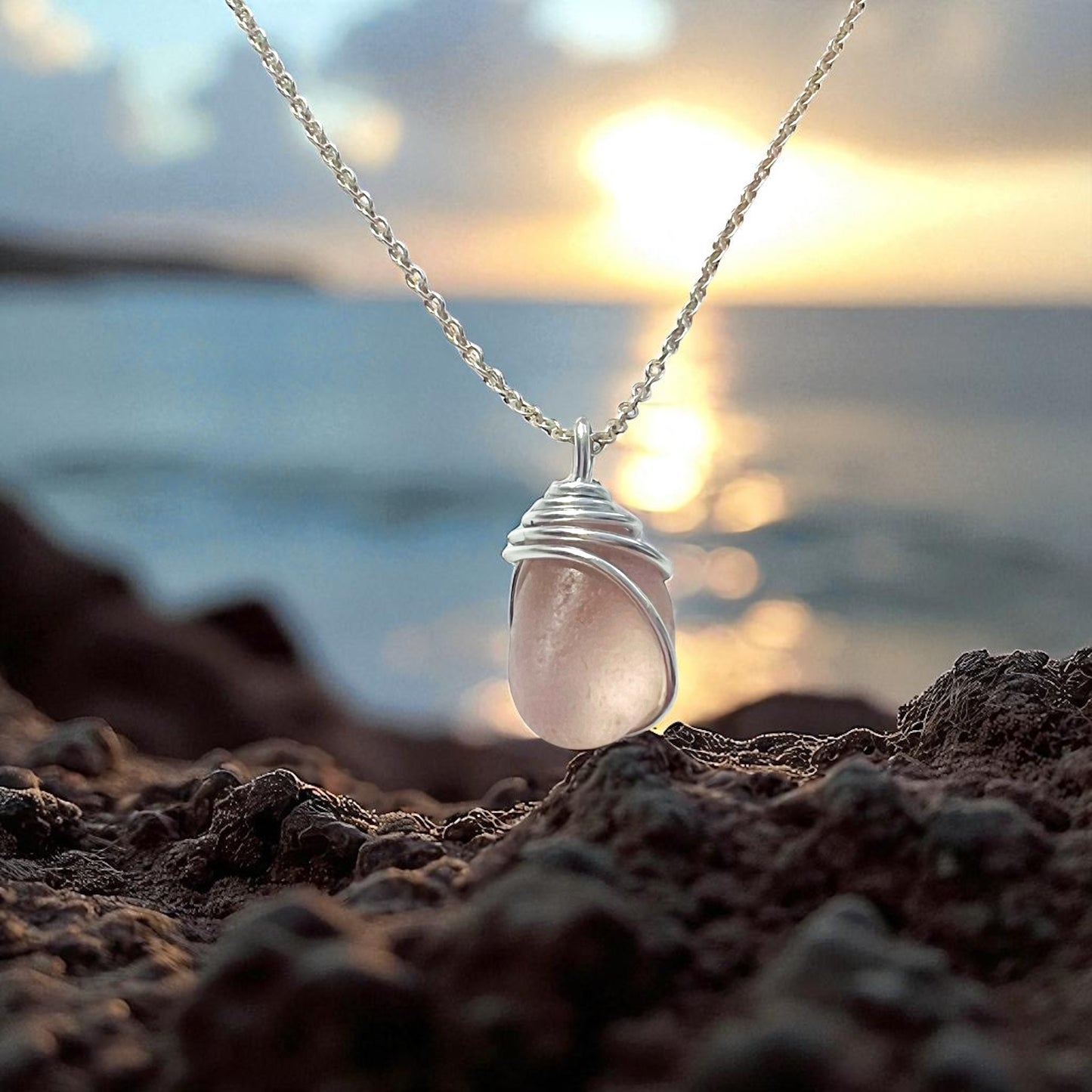 Rare Pale Lilac Pink Sea Glass Pendant