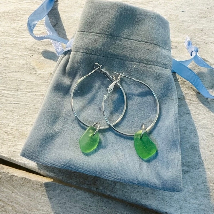 Bright Green Cornish Sea Glass Hoop Earrings