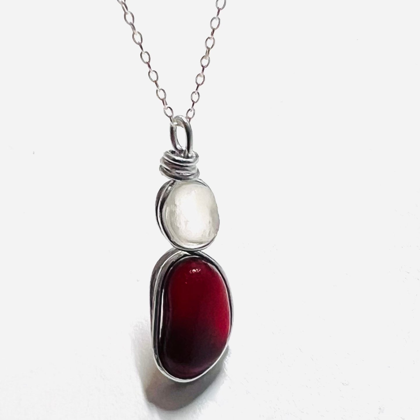 Burgundy Red and White Seaham Sea Glass Jewellery Set