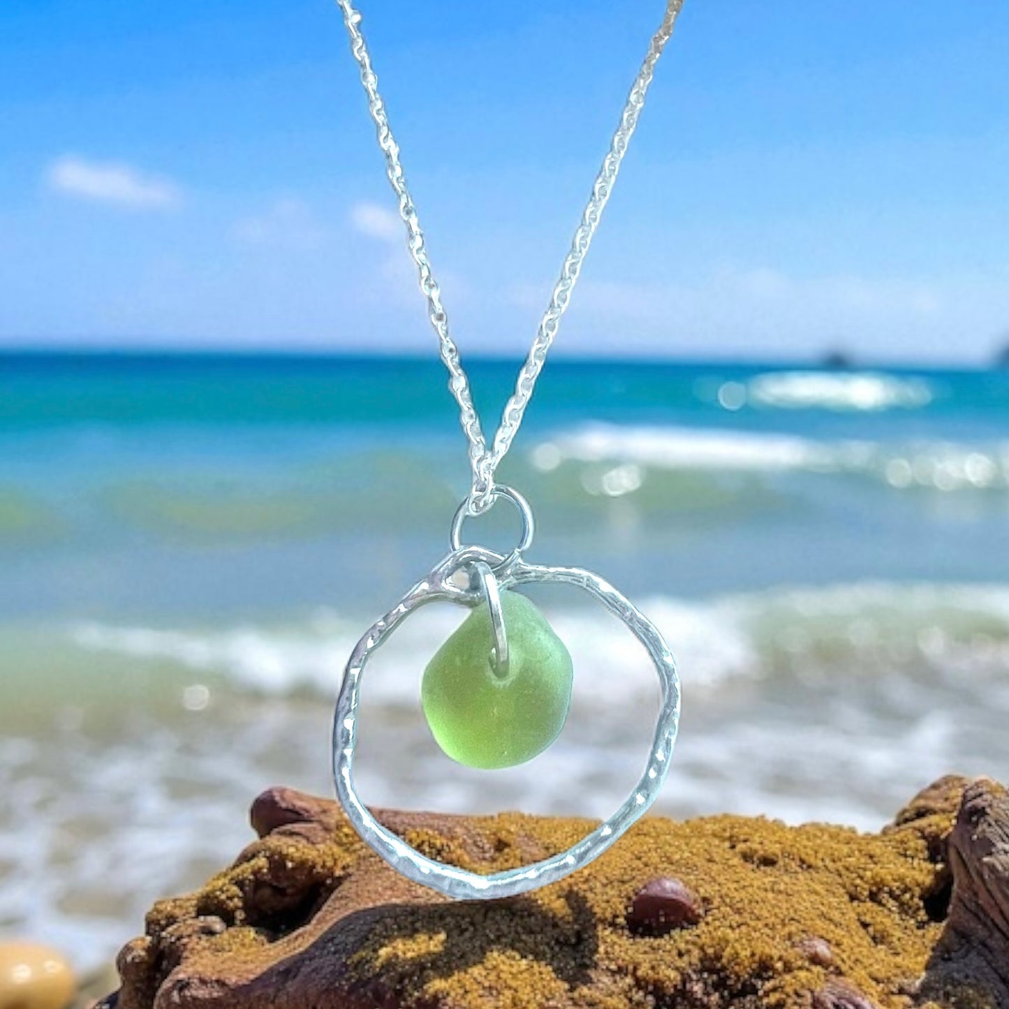 Olive Green Seaham Sea Glass Seafoam Shade Frame Pendant
