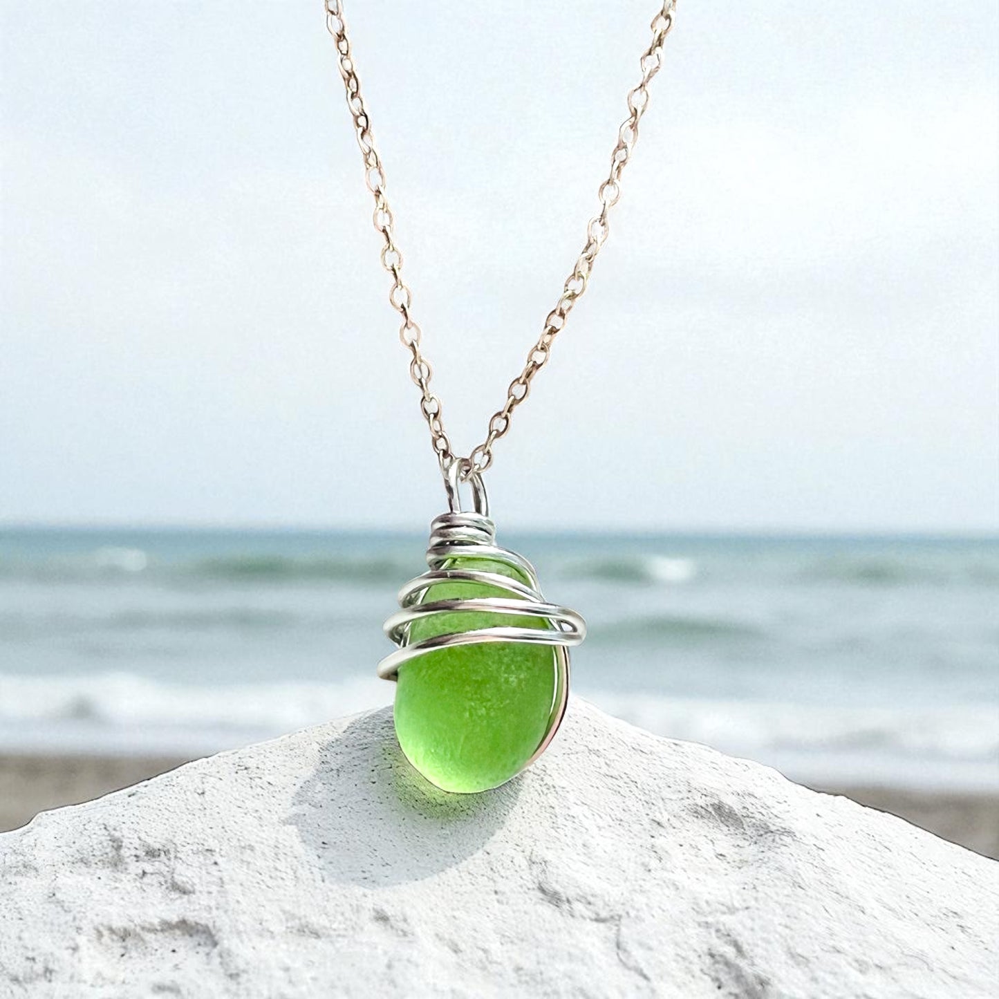 Very Rare Neon Green Seaham Sea Glass Pendant