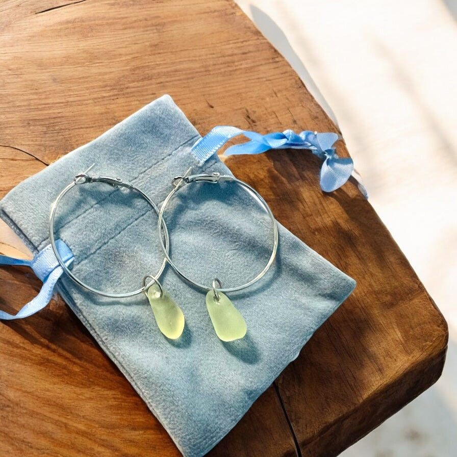 Pale Green Seaham Sea Glass Hoop Earrings