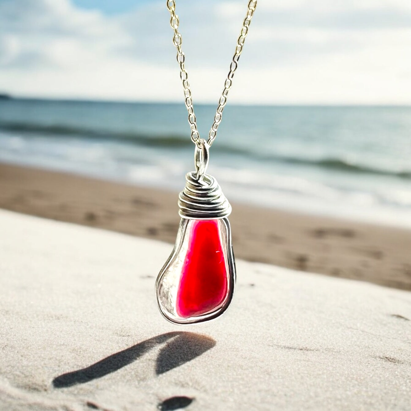 Rare Large Deep Pink/Red Seaham Sea Glass Multi Tone Pendant .