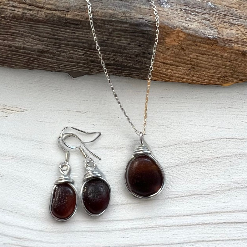 Brown Seaham Sea Glass Jewellery Set