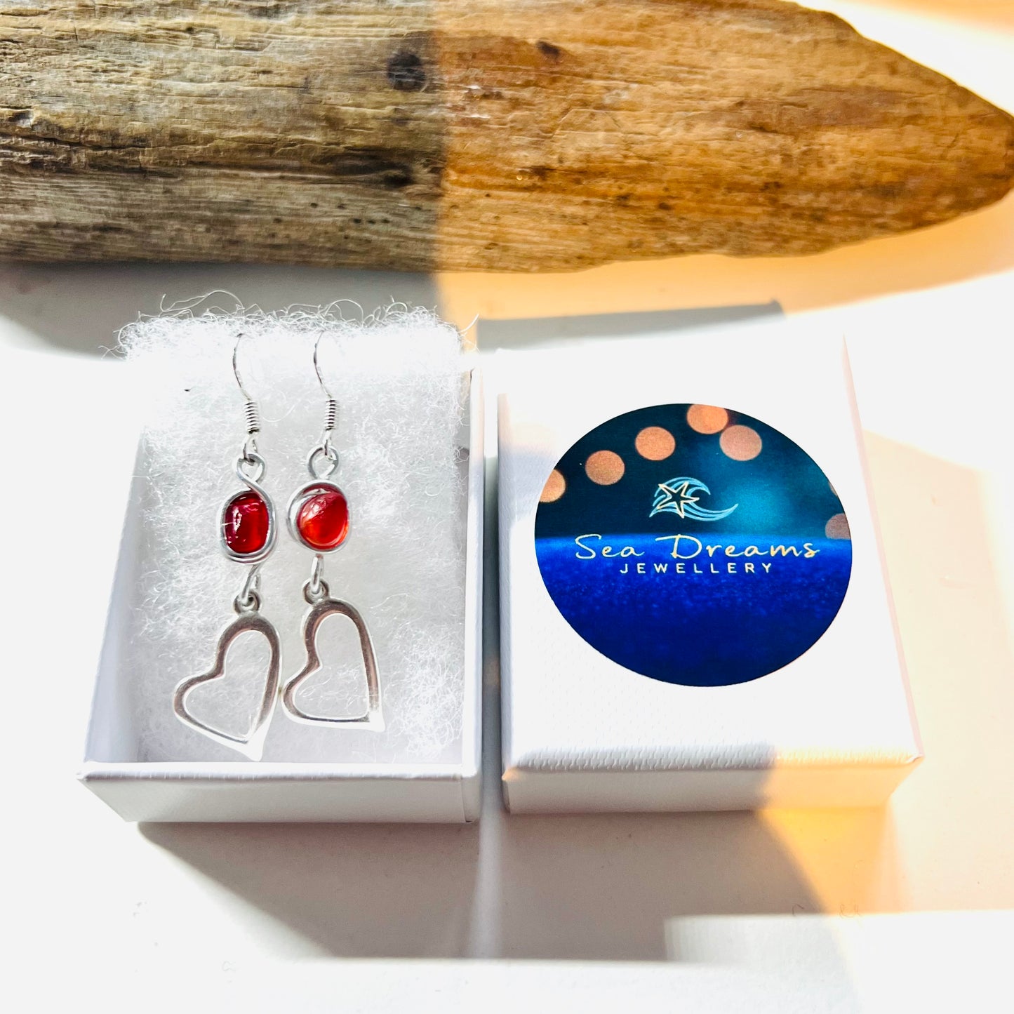 Red Sea Glass and Heart Dangly Earrings