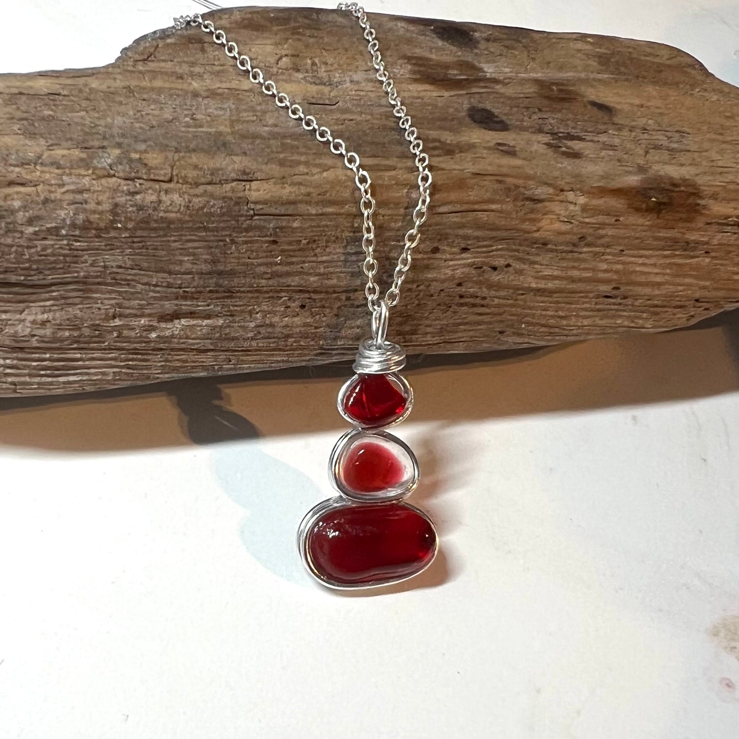 Rare Red Three Piece Sea Glass Pendant