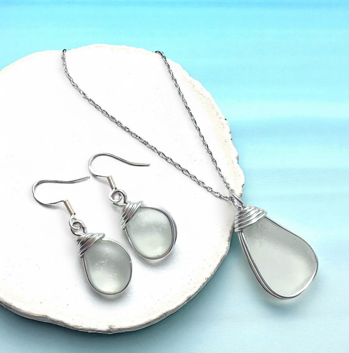 Frosty White Seaham Sea Glass Jewellery Set