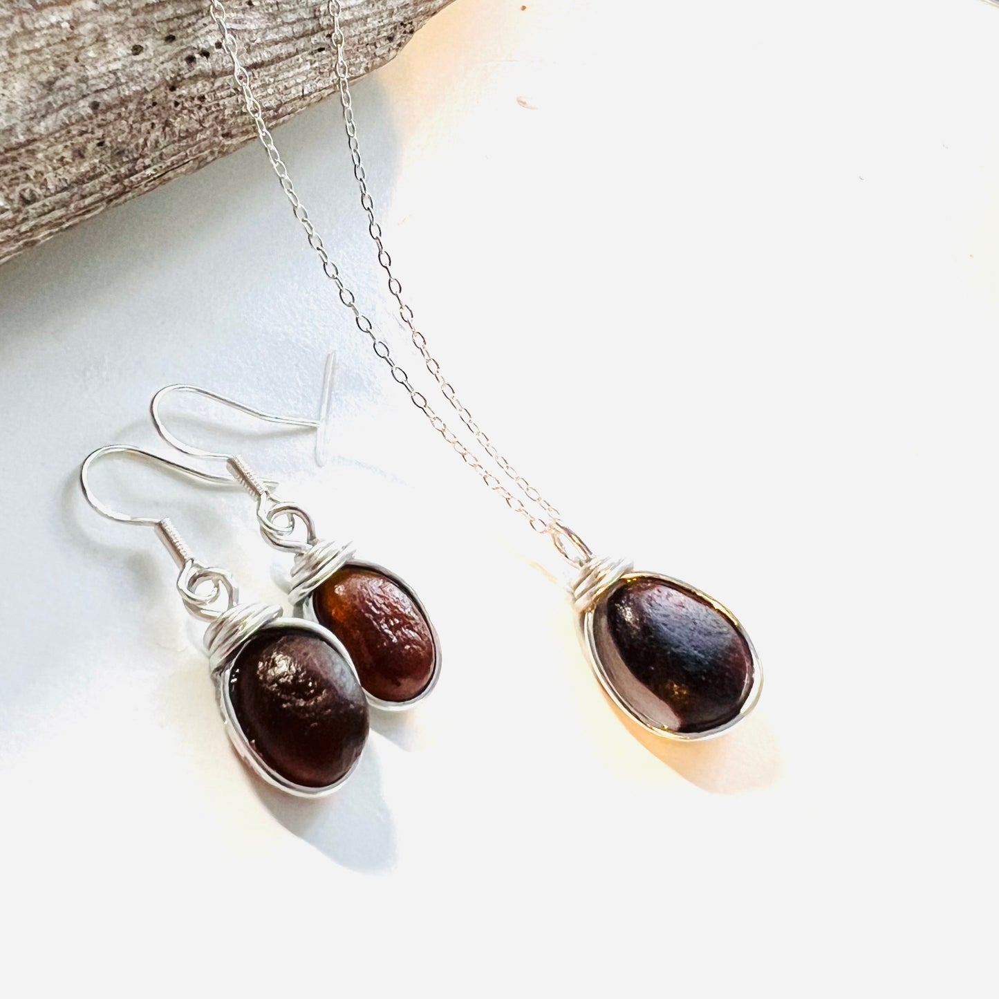 Brown Seaham Sea Glass Jewellery Set