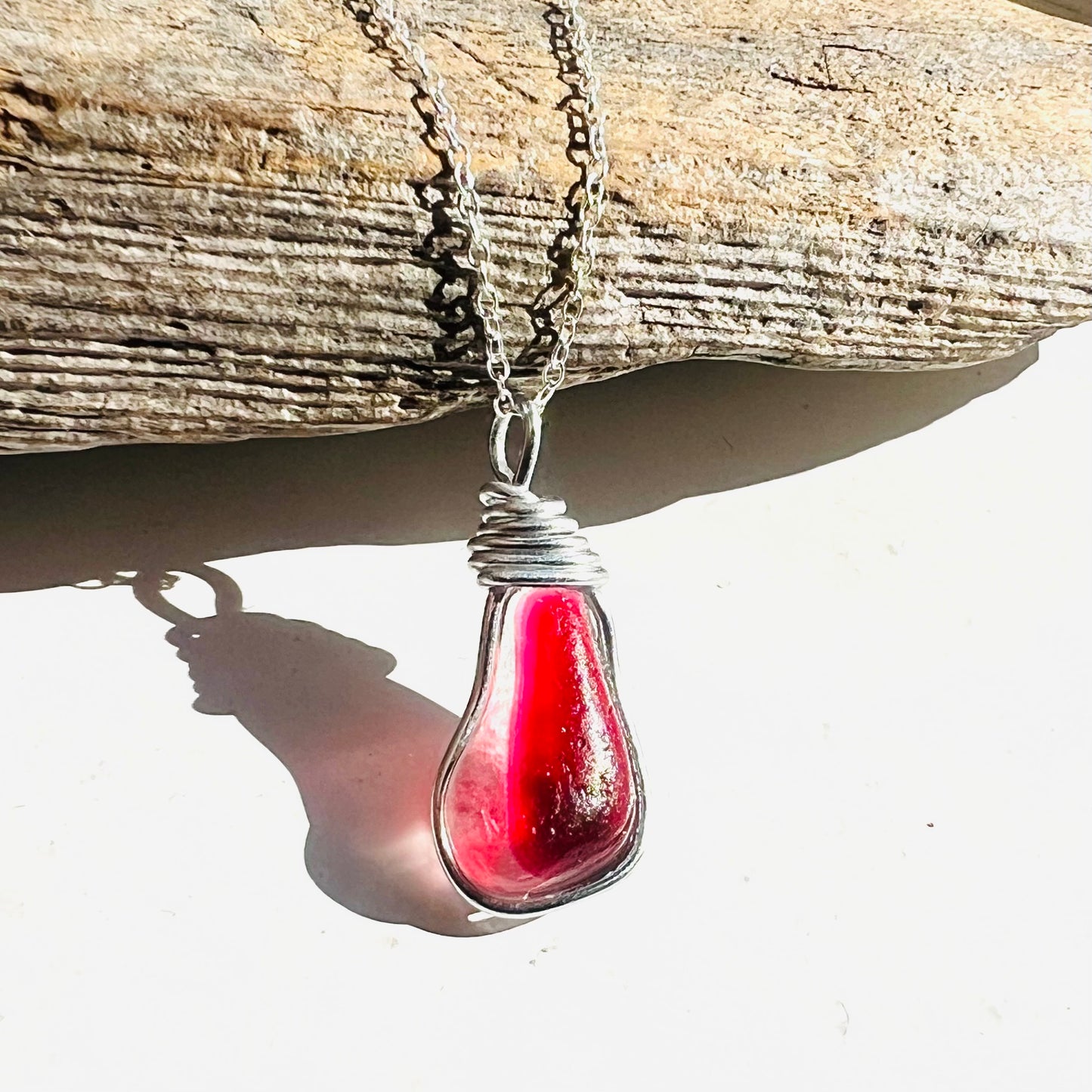 Rare Large Deep Pink/Red Seaham Sea Glass Multi Tone Pendant .